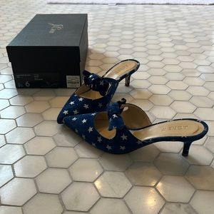 NIB J. Crew blue/silver star mules.